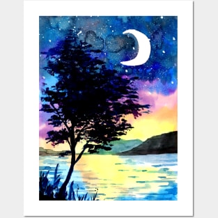 Moon and Stars above the Lake Posters and Art